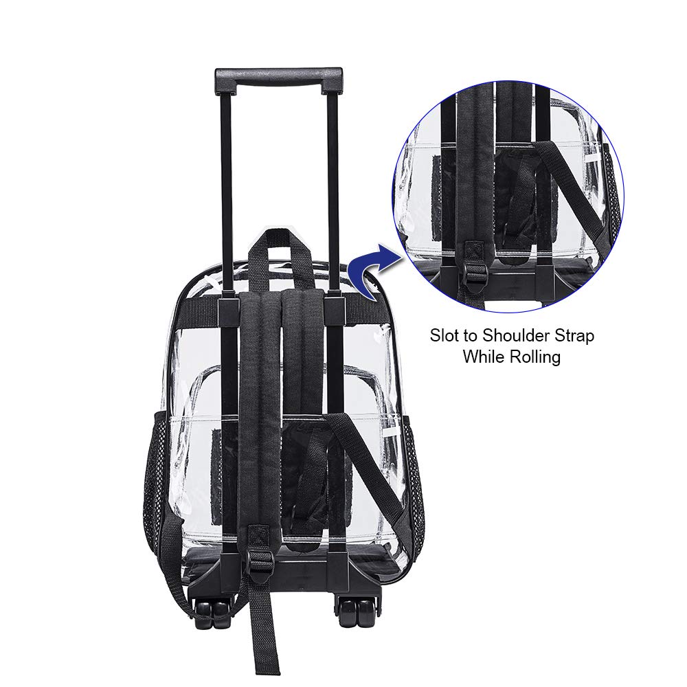 Clearworld Rolling Clear Backpack, Heavy Duty Cold-Resistant Security Transparent PVC Backpack with Wheels (Black)