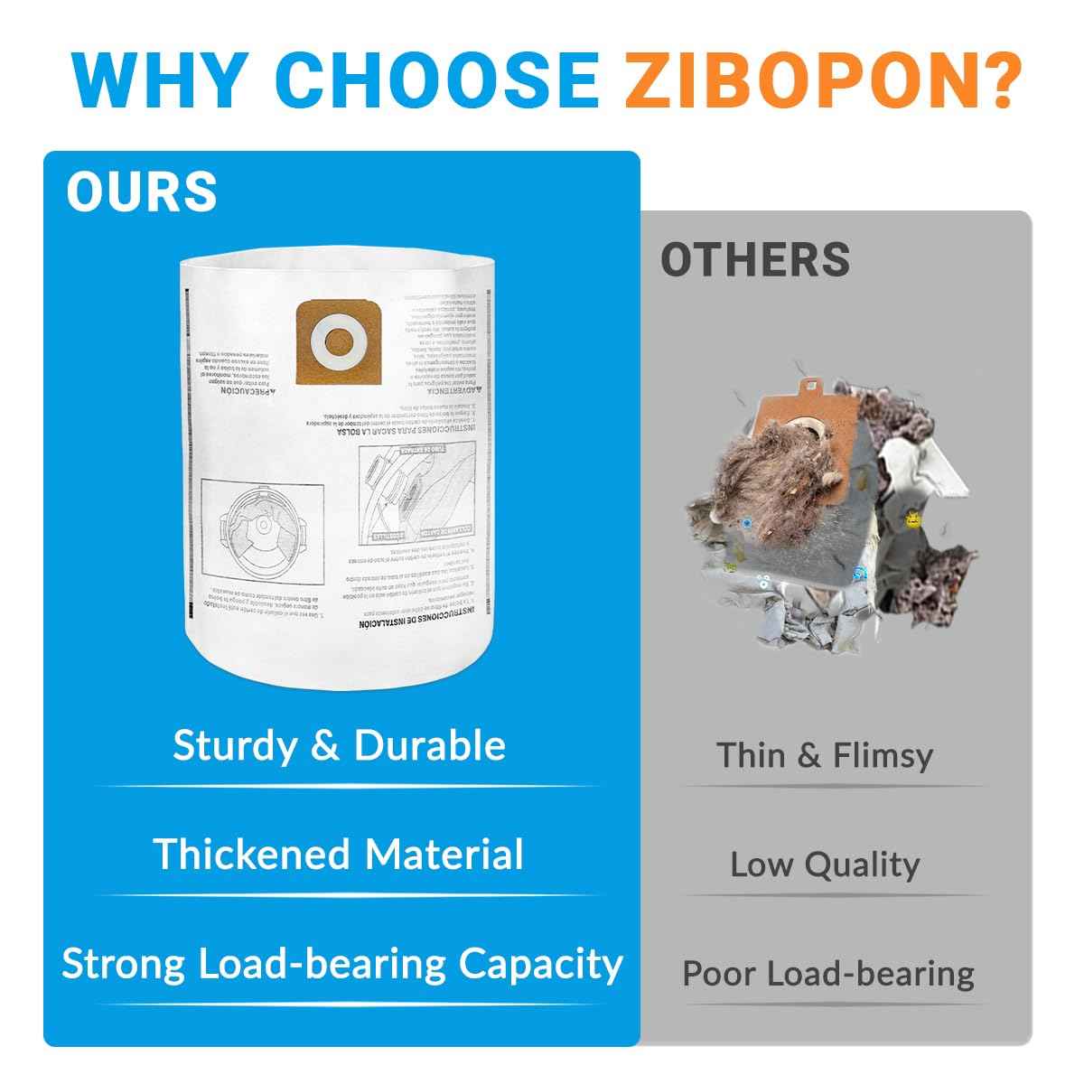 Zibopon 8 Pack CMXZVBE38749 Vacuum Dust Bags Replacement for CRAFTSMAN 16-20 Gallon Wet/Dry Shop Vac Bags: CMXEVBE17595, CMXEVBE17596, Part# 38749