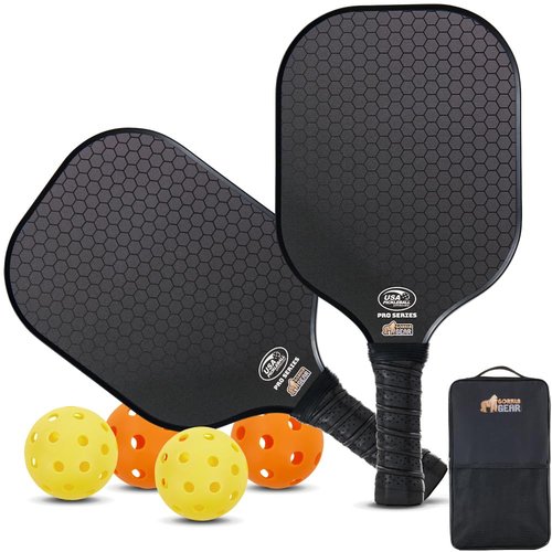 Gorilla Gear USAPA Approved Pickleball Paddles Set of 2, Indoor Fiberglass Shock Absorbent Racket with Comfortable Grip, Outdoor Pickle Ball Court Equipment, Sports Accessories Includes Bag, Black