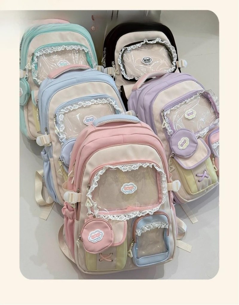 ZQW Kawaii Cute Backpack for Women Y2K Aesthetic Anime ITA Bag with Lace Trim Badges Display Clear Panel Casual Daypack (Blue)