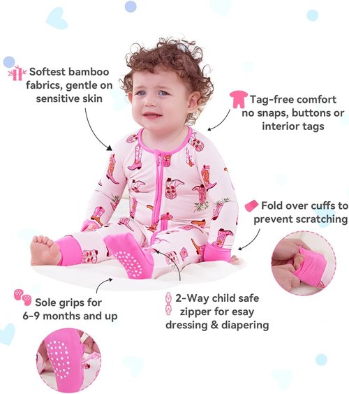 Babee Reshinee Bamboo Viscose Baby Footie Pajamas - Convertible Zipper Onesie for Girls, 0-24M