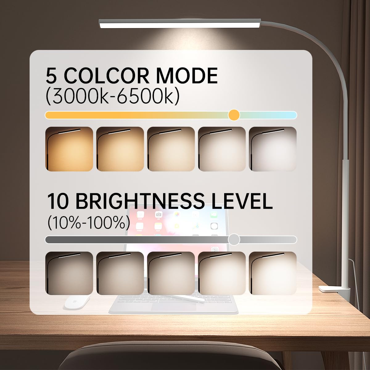 fuaoddda LED Desk Lamp with Clamp, Eye-Protection Clip on Desk Lamp, 5 Modes 10 Brightness Adjustment, 360°Flexible Gooseneck Lamp for Home Office, Lamps with USB Adapter，White