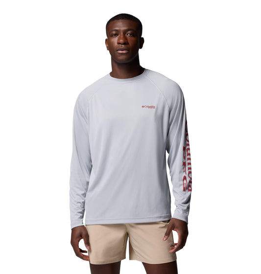 Columbia Men's PFG Terminal Tackle Long Sleeve Fishing Shirt, Cool Grey/Dusty Crimson Logo, Small