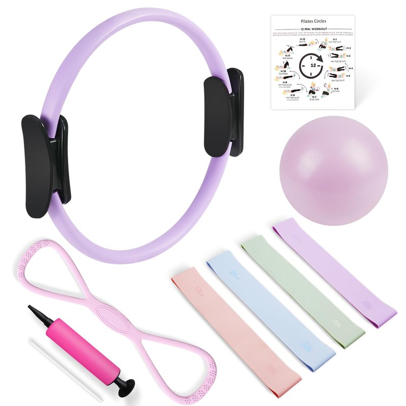 Pilates Kit, Pilates Essentials Kit for Women, 15” Pilates Ring and Ball Set with Resistance Bands, Magic Circle Ring with Figure 8 Resistance Band, Pilates Equipment for Home Workouts Purple