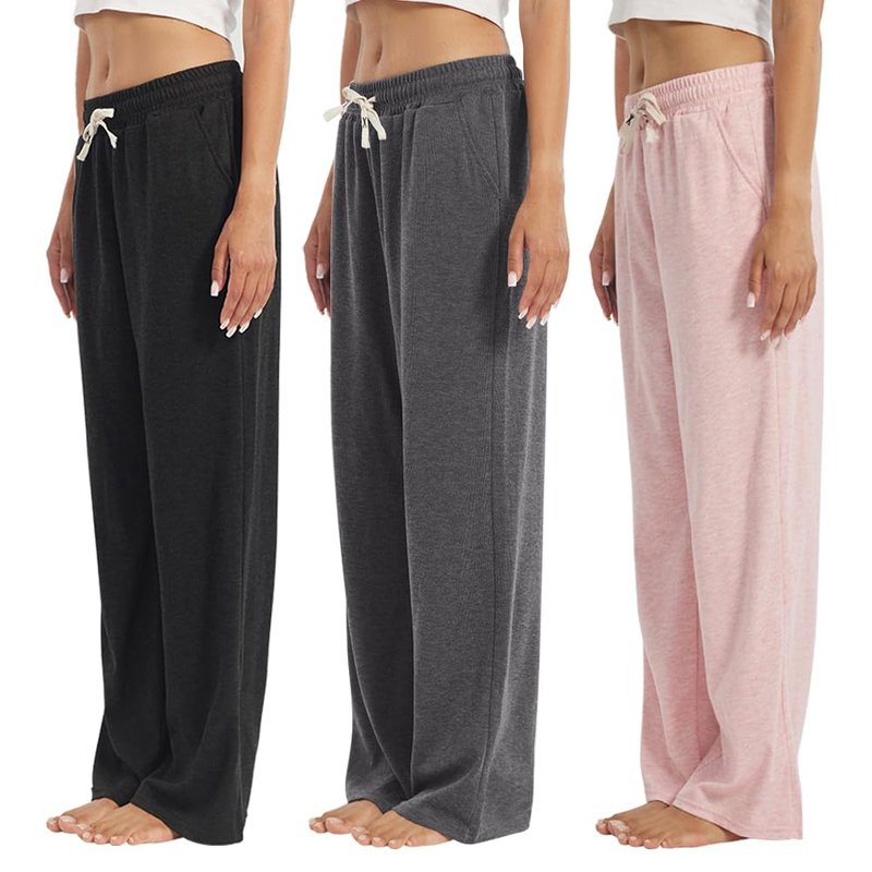 OAKVON 3-Pack Womens Lounge Pants with Pockets, Wide Leg Sweatpants, Soft Comfy Pajama Bottoms with Drawstring Waist