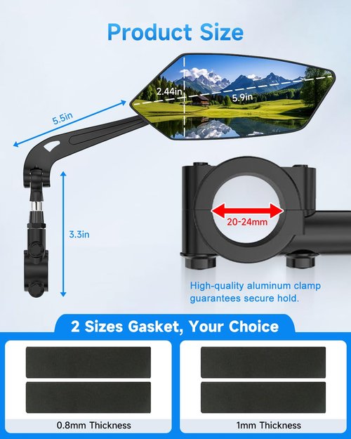 Bike Mirror, Handlebar Bicycle Mirrors, Scratch Resistant HD Glass Lens, 360° Rotatable & Foldable Safe Rearview Bicycle Mirrors, Bike Rear View Mirror for Scooter, Ebike, Bike Accessory(1 Pair)