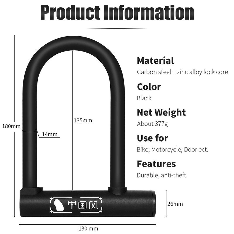 Bike U-Lock with 2 Keys, Heavy Duty High Security Anti-Theft Lock, Waterproof Rustproof Bicycle U-shaped Lock for Electric Scooter Mountain Bikes, Road Bikes, Shop Doors, Fences, with Mounting Bracket