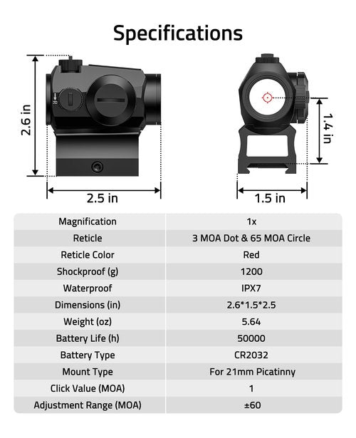 CVLIFE Multiple Reticle 3 MOA Dot & 65 MOA Circle Red Dot, Motion Awake Red Dot Sight, 1x20mm Red Dot Scope Optics with Absolute Co-Witness Riser and Low Mount for 21mm Picatinny Rail