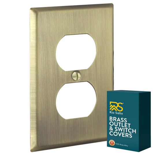 Rio Salto BRASS Outlet Duplex Antique Gold Metal Outlet Cover STANDARD SIZE Light Switch Cover Wall Plate Single Receptacle Wallplate Covers Single Gang Matte Gold Finish (Duplex, 1-Gang)