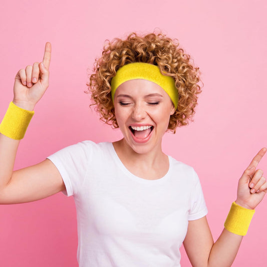 Bememo 6 Pcs Neon Sports Sweatbands Set Sports Competitions Sweatbands 2 Headband 4 Wristbands Breathable Terry Cloth Athletic Bands for Team Soccer Spirit 80s Costumes Cosplay(Yellow)