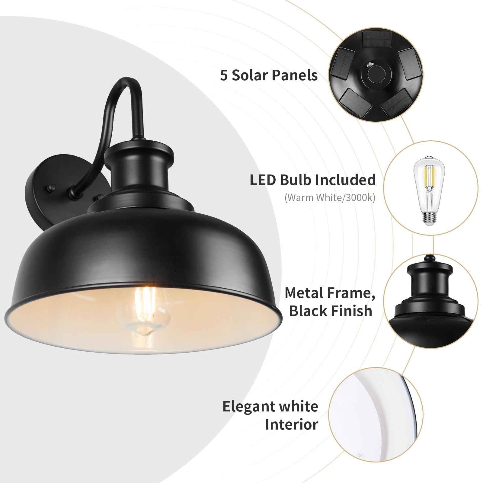 Diyel Solar Barn Light for Outside, Dusk to Dawn Gooseneck Outdoor Wall Lights Solar Powered, Farmhouse Exterior Wall Sconce, Industrial Outside Lighting Fixture, Rustic Lantern for Garage, Barn, Shed