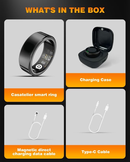 Casatelier Smart Ring Health Tracker with Charging Case,Sleep,Heart Rate & Blood Oxygen Monitor, 5ATM&IP68 Waterproof Fitness Ring, No Subscription iOS & Android Compatible for Men Women Black 9#
