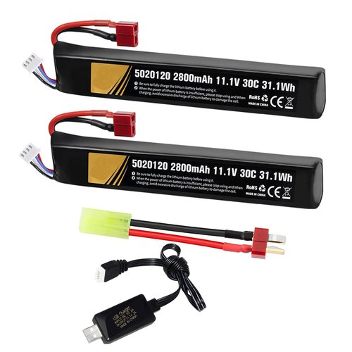 11.1V airsoft batteries 30C 2800mAh lipo battery airsoft T Plug with USB Charger T Plug to Mini Tamiya Cable Rechargeable Batteries for Airsoft gun Model splatrball gel blaster accessories-2pcs