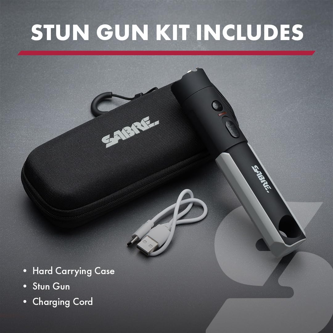 Sabre 2-in-1 Flashlight Design with Built-in Stun Gun, Powerful 1.76 µC Charge, 200 Lumen LED with 3 Modes; High, Low and Strobe, Rechargeable Battery, Hard Case and USB-C Charging Cord Included