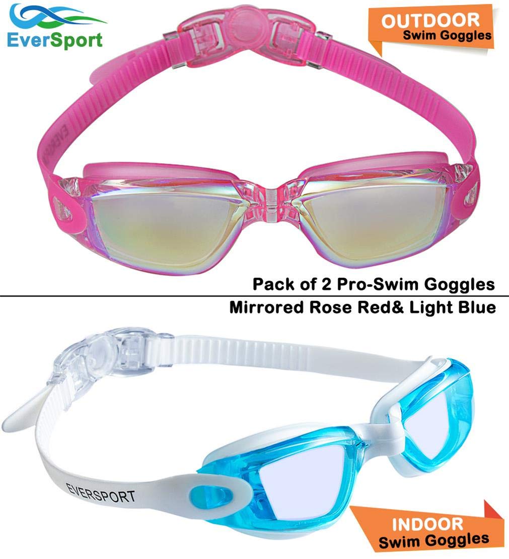 EverSport Swim Goggles, Pack of 2, Swimming Glasses for Adult Men Women Youth Kids Child, Anti-Fog, UV Protection, Shatter-proof, Watertight(LightBlue&Mirrored Rose Red)