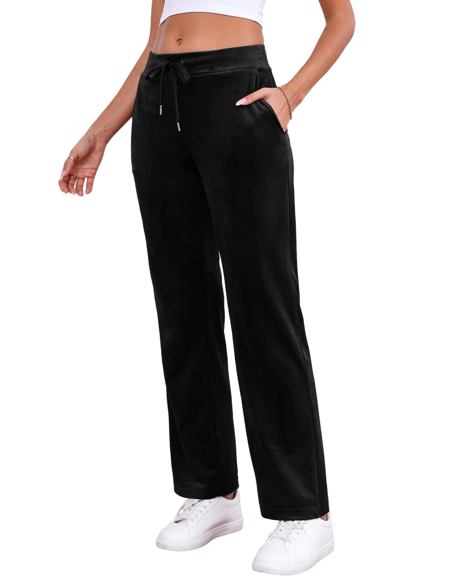 Pescool Velour Pants for Women, Straight Leg Womens Velour Sweatpants, Velvet Wide Leg Lounge Pants for Women with Pockets (Black, S)