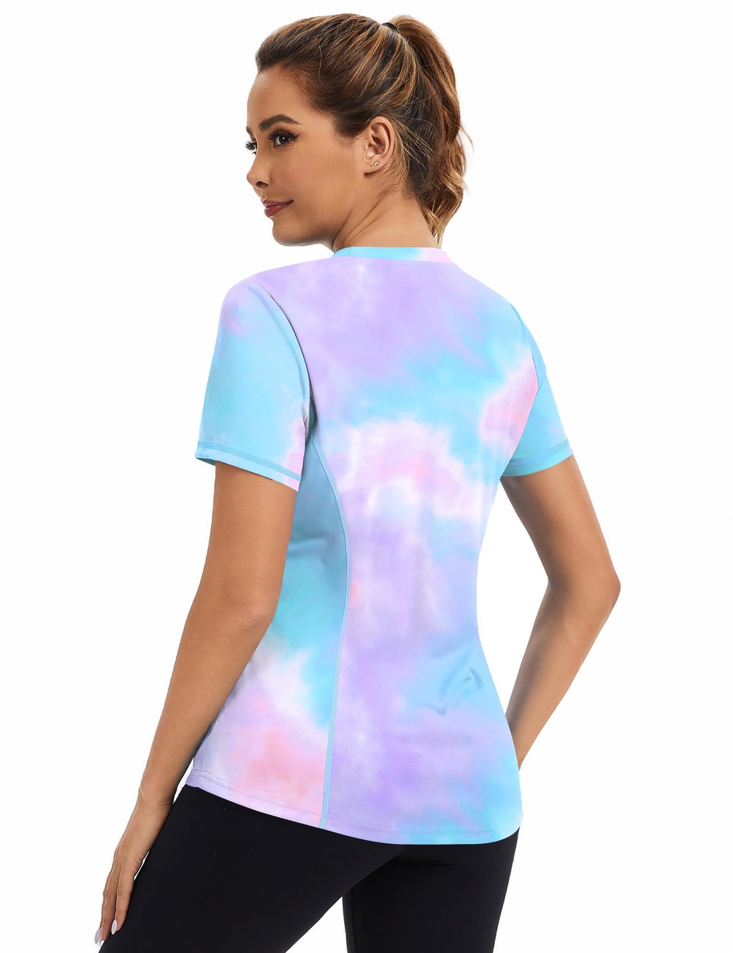 Avoogue Short Sleeve Workout Tops for Women Athletic UPF 50+ UV Protection Shirts Rashguard Pilates Gym Shirts(Colorful Tie Dye,L)