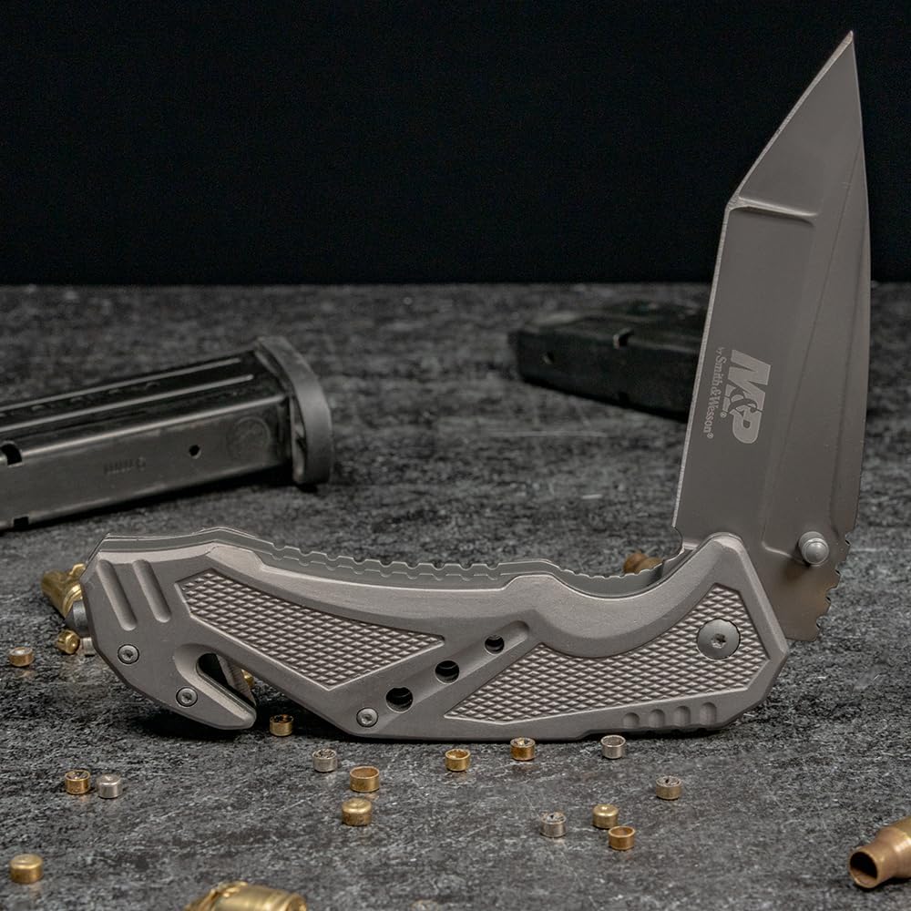 Smith & Wesson M&P Folding Knife - 8.9in High Carbon Stainless Steel with 3.8in Tanto Blade | Grey Aluminum Handle for Outdoor & Tactical Use