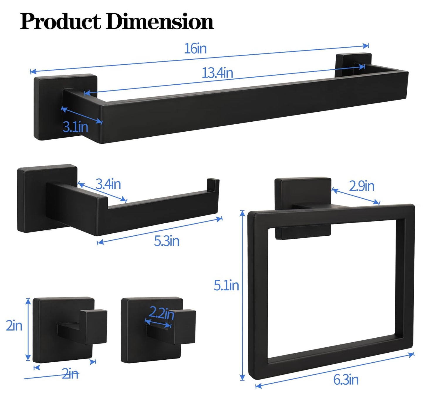 5pcs Bathroom Hardware Set, 16in Towel Bar Set, Including Square Towel Bar Square Towel Ring Toilet Paper Holder Towel Hooks, Set SUS304 Stainless Steel, Wall Mounted
