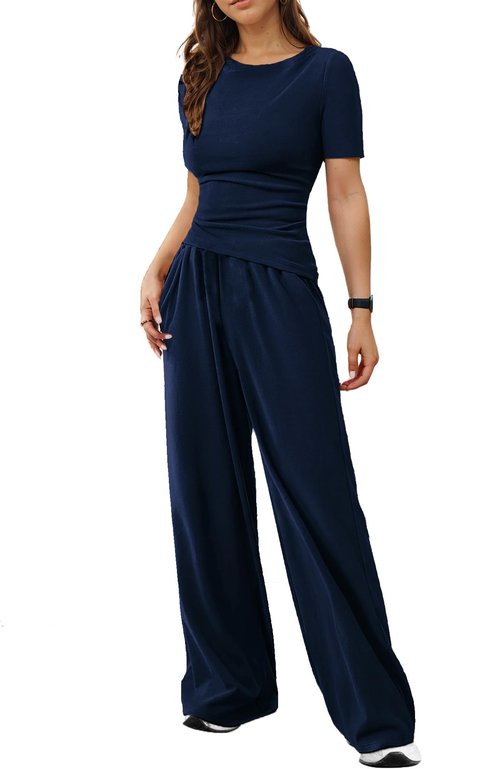vyolu Women's 2 Piece Lounge Sets Asymmetrical Short Sleeve Wide Leg Pants Casual Outfits Tracksuit Streetwear