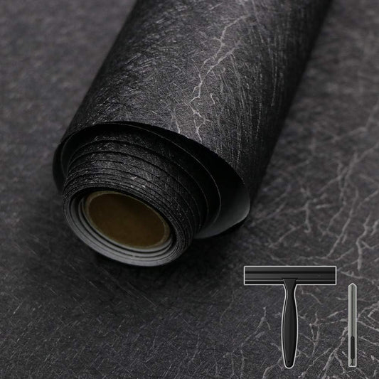 Black Silk Wallpaper Peel and Stick Embossed Self Adhesive Contact Paper 15.7" x 118" Removable Waterproof Kitchen Vinyl Wrap Cabinet Textured Renter Friendly Wall Cover with Scraper, Paper Cutter