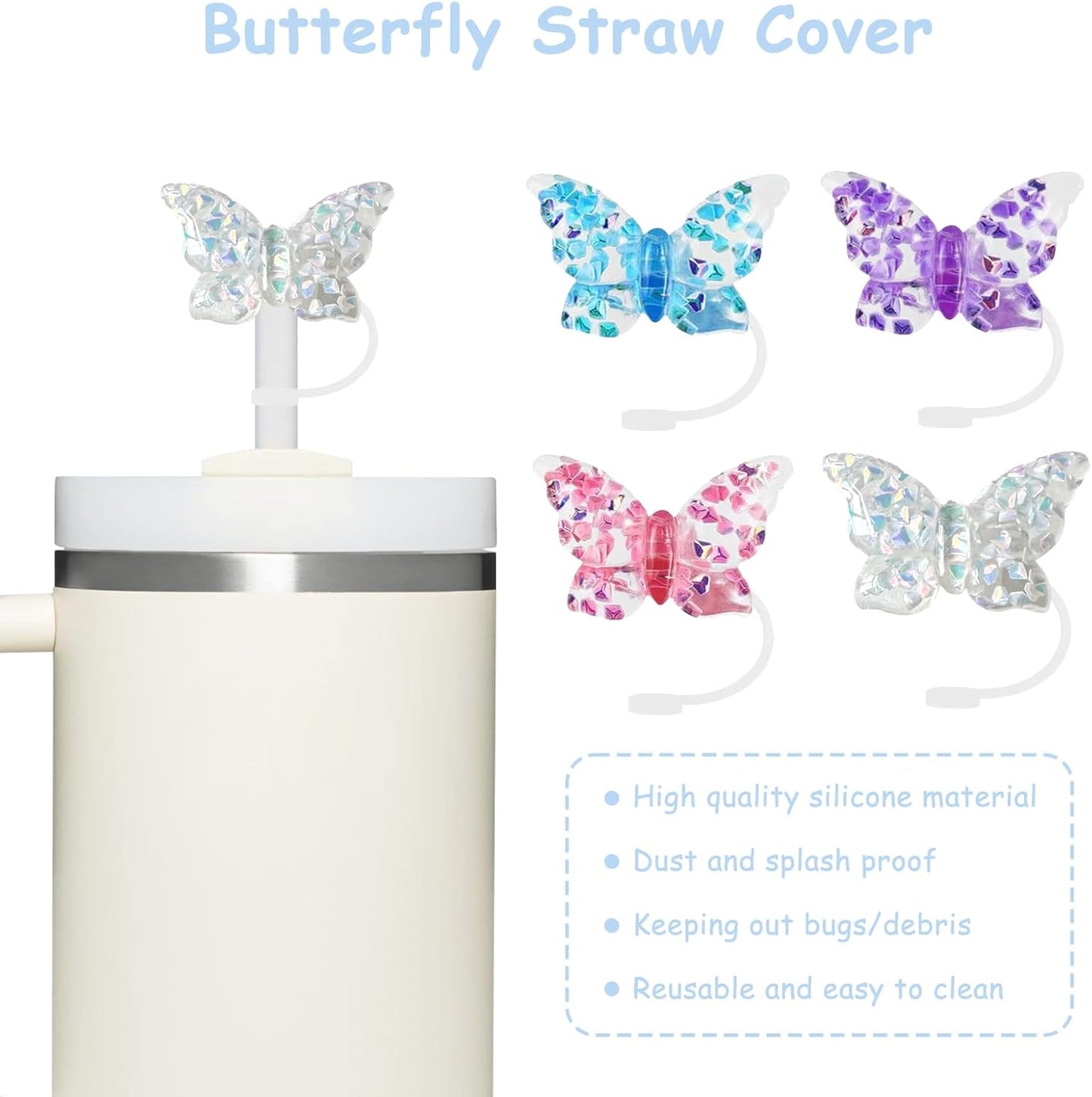 Skiennix Silicone Straw Covers - 4 Pcs Set for 30 & 40oz Stanley Cups | Fits 10mm Straws (Butterfly)