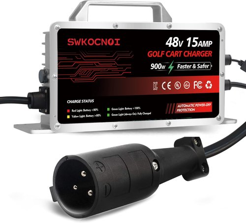 Club Car Battery Charger, 15 AMP 48 Volt Golf Cart Charger with 3-Pin Round Plug, 900W Club Car Charger, 20% Faster & Safer for Lead Acid/LiFePO4 Battery, Auto Power-Off & IP67 Waterproof