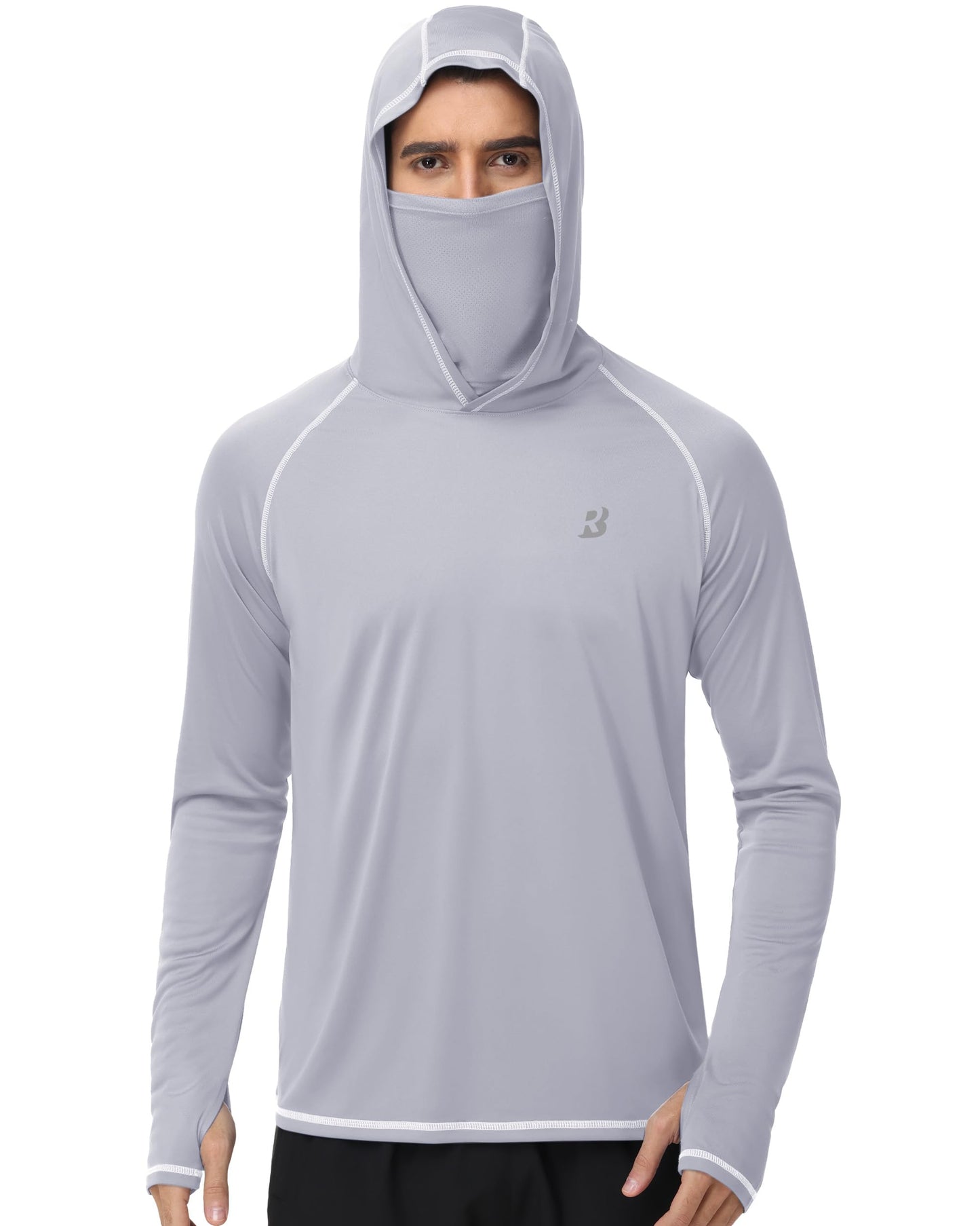Roadbox UPF 50+ Fishing Shirts for Men, Long Sleeve UV Sun Hoodie with Mask, Outdoor Swim Hiking Running Workout Rash Guard Light Gray