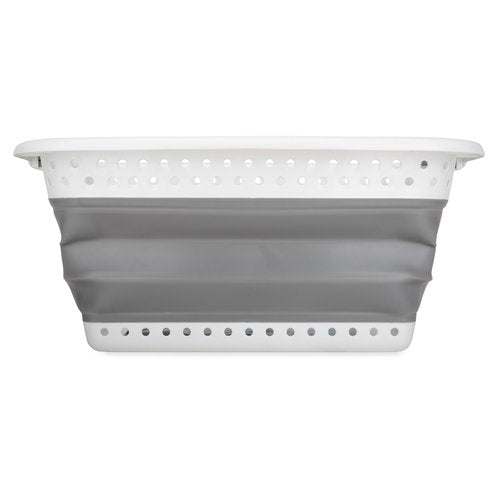 Camco Collapsible Utility Laundry Basket - Waterproof Design Easily Fits Into Compact Spaces - Great for Traveling, RVs, Trailers Camping, Dorms, Small Spaces and More - White/Gray -(51903)