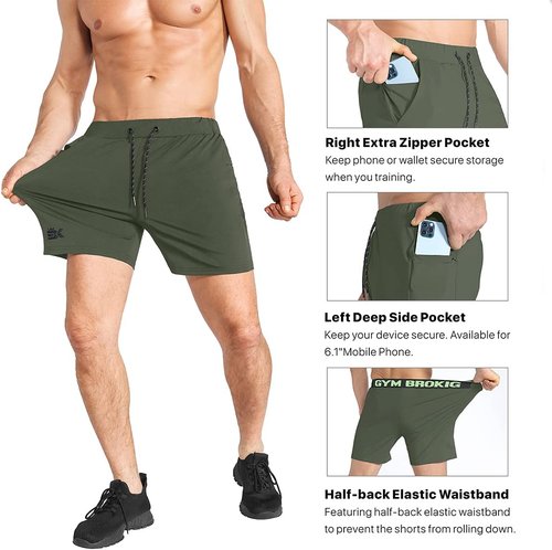 BROKIG Men's Lightweight Gym Shorts - Quick Dry Athletic Shorts with Zip Pocket for Workouts