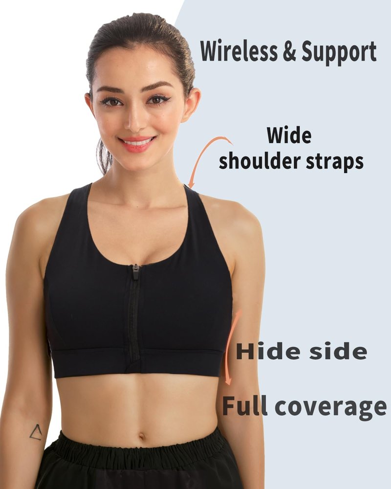 newlashua High Support Sports Bras for Women - High Impact Zip Front Sports Bra Padded Strappy Back Workout Bra L Black