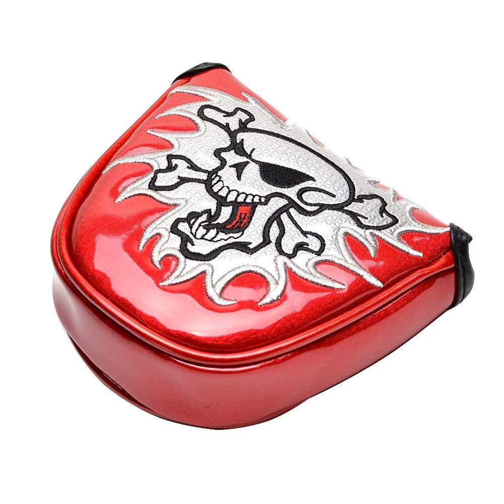 PLUSKER Skull Golf Heel Shafted Mallet Putter Cover Magnetic Closure Synthetic Leather Red Golf Club Putters Headcover