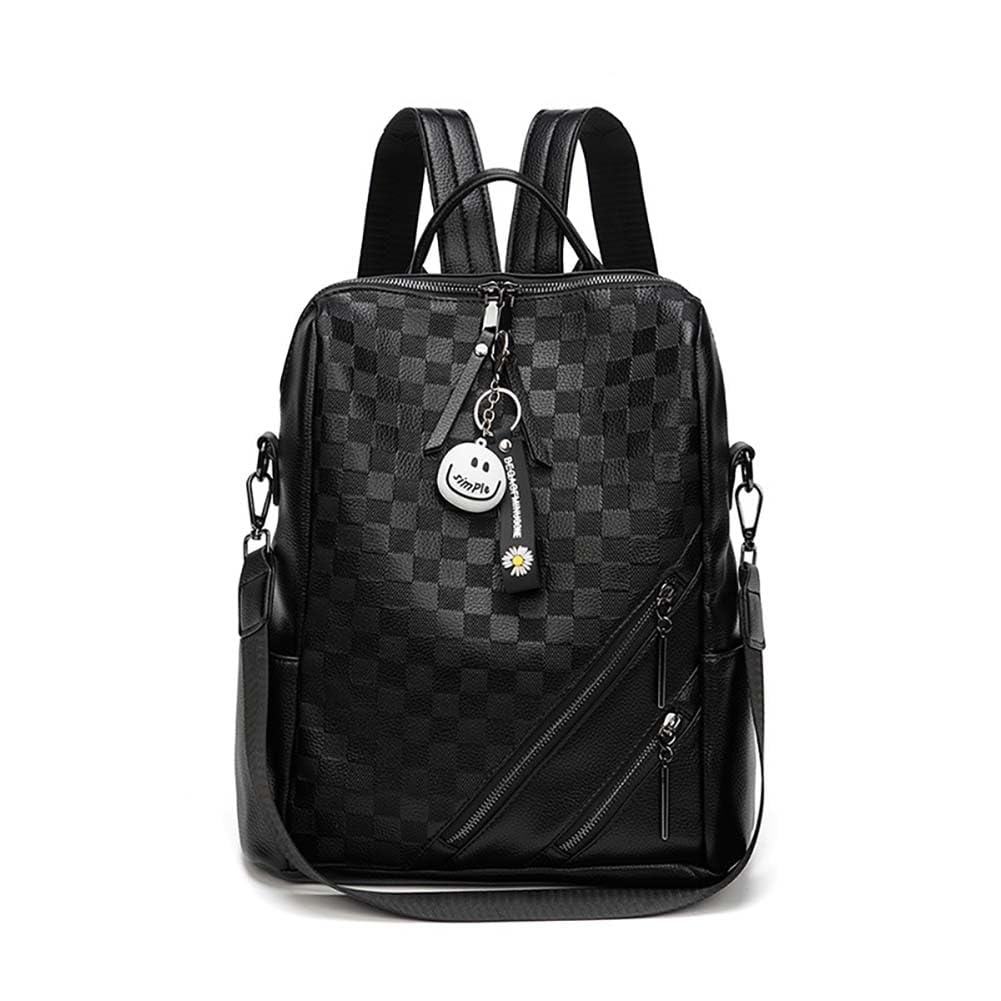 JohnMojie Checkerboard Daypack Backpack for Women, Women's Commuting PU Backpack Leisure Bag