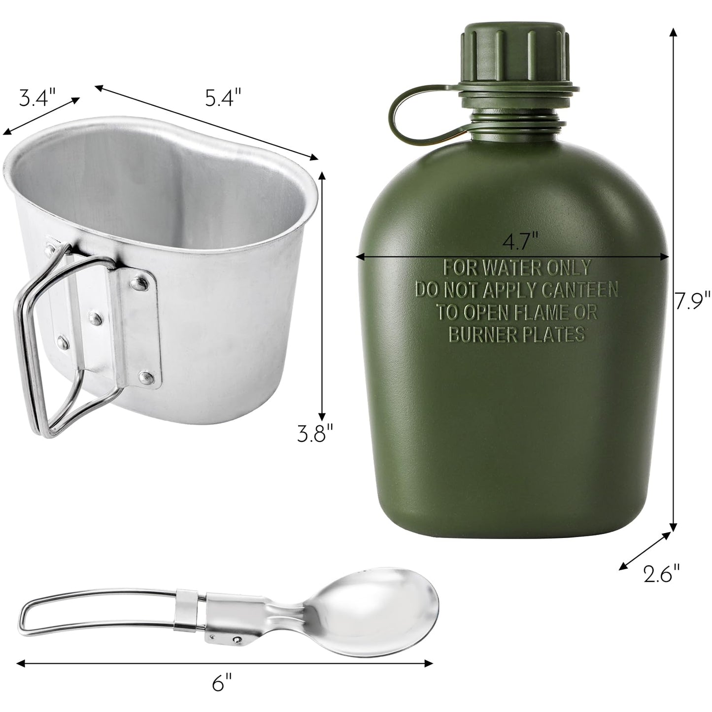 ZOOFOX Military Canteen, 1 Quart Portable Army Water Bottle with Aluminum Cup, Stainless Steel Spoon, Fork and Knife, Plastic Tactical Water Bottle for Military Hiking Camping Survival