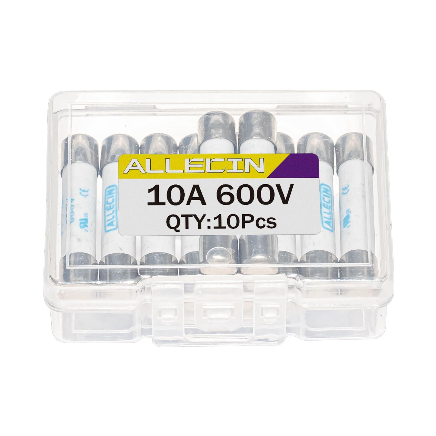ALLECIN FF10A Multimeter Fuse 10A 600V 6.3x32MM Digital Multi Meter Fast Acting Fuses 10 Amp 600 Volt 0.25x1.26Inch Nickel-Plated Brass Ceramic Fast Blow Multimeters Fusibiles (Pack of 10Pcs)