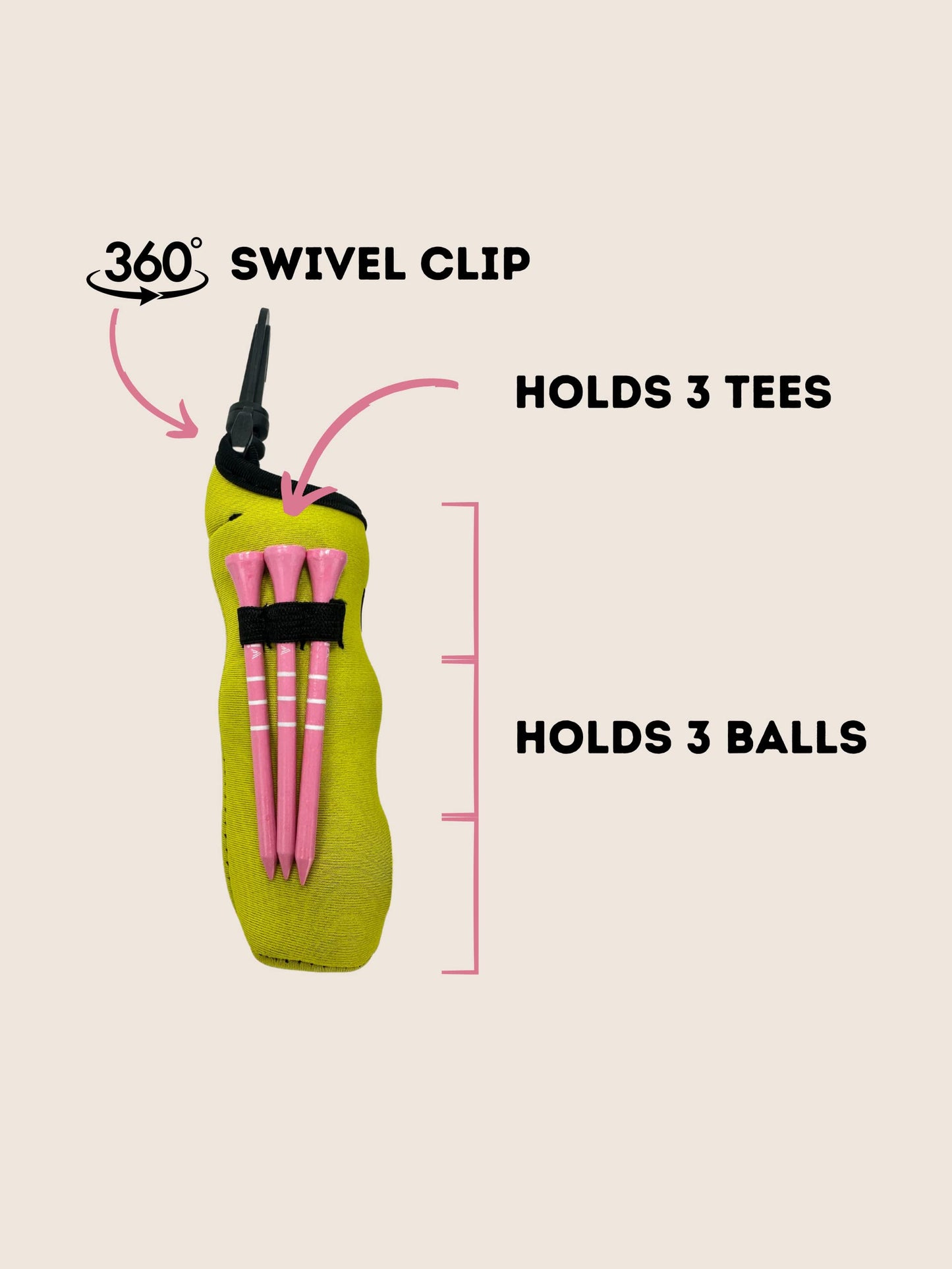 VIXII Golf Ball and Tee Holder - Holds 3 Golf Balls and 3 Tees, Soft Carry Bag Pouch with Secure 360° Swivel Keychain Belt Clip Hook, Gift Accessories for Golfers and Women’s Birthdays - Black