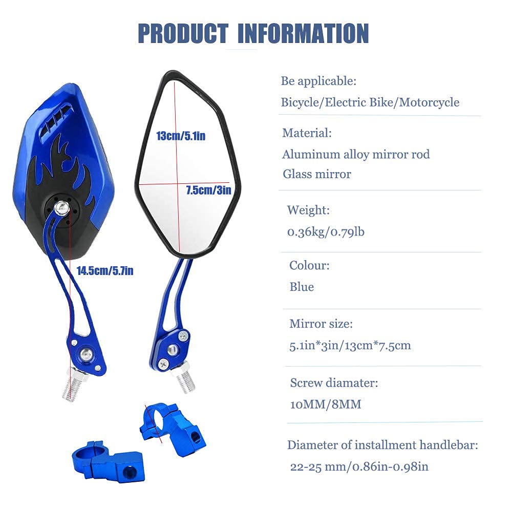 Nakazawa Bicycle Mirrors for Handlebars, Adjustable Rearview Mirror for Motorcycle, Electric Bike, Blue