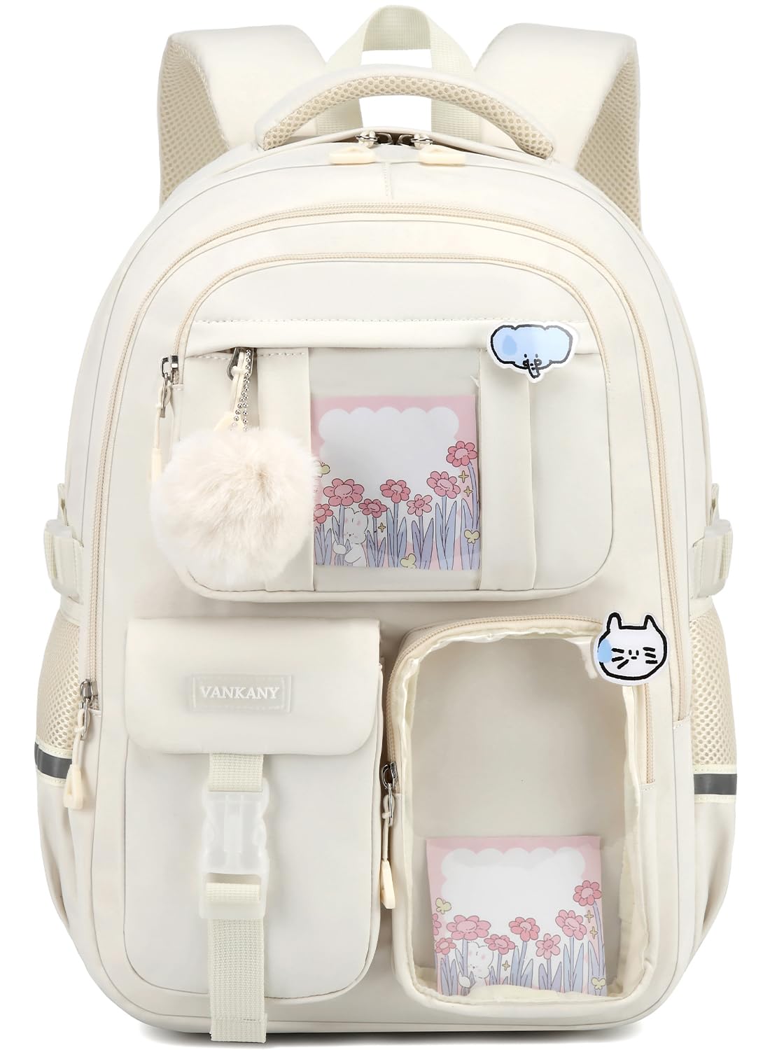 Backpack for Teen Girls, Cute Aesthetic School Backpacks with Accessories for Middle High School Students, Designer Backpack for Kids Bookbag, Beige
