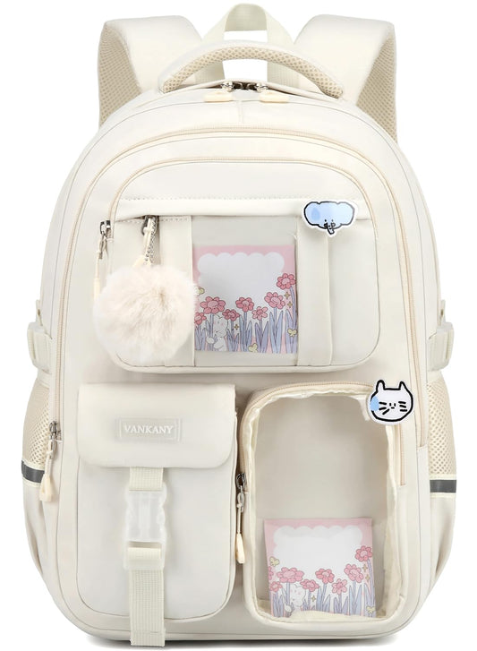 Backpack for Teen Girls, Cute Aesthetic School Backpacks with Accessories for Middle High School Students, Designer Backpack for Kids Bookbag, Beige
