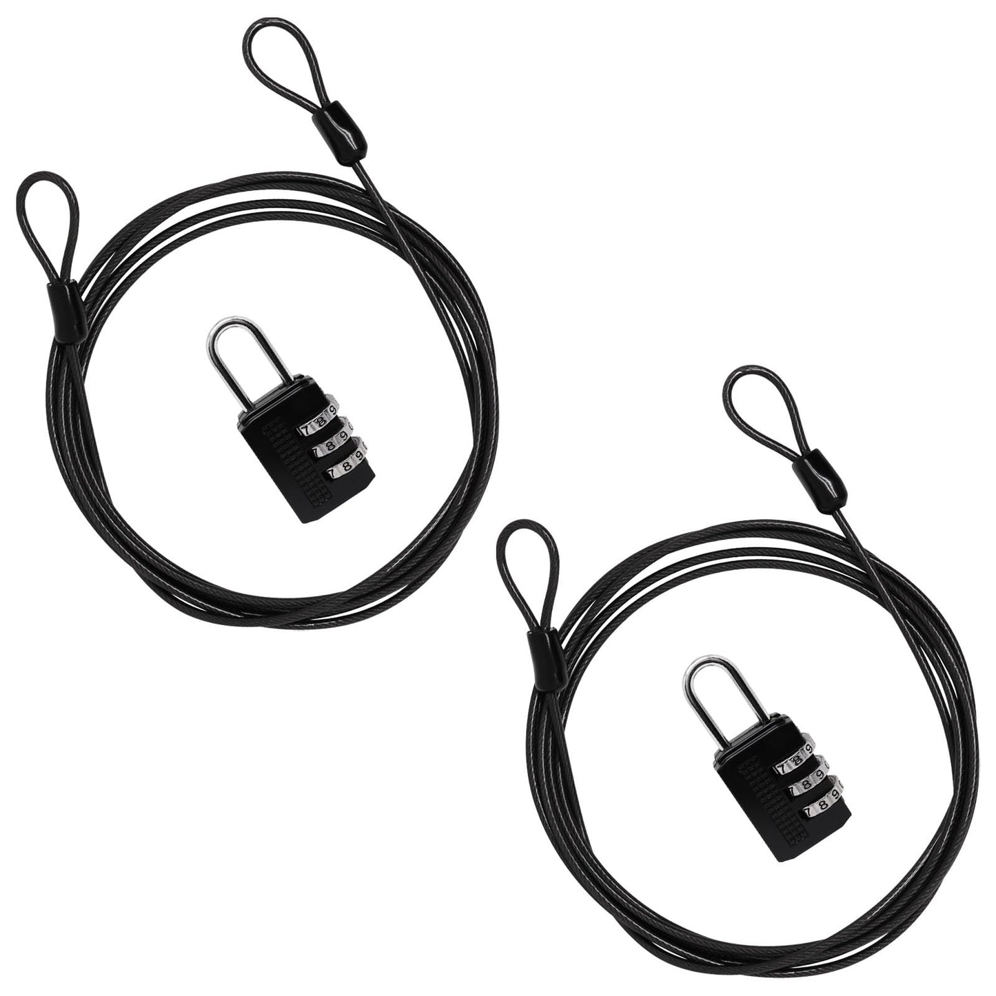 S SYDIEN Cable Lock Double Loops 6.6Ft Long Black Security Cable with Lock, Bike Locks Cables 2.5mm Braided Steel Coated Safety Cables Wire for Luggage, Outdoor, Clothesline (2 Pack)