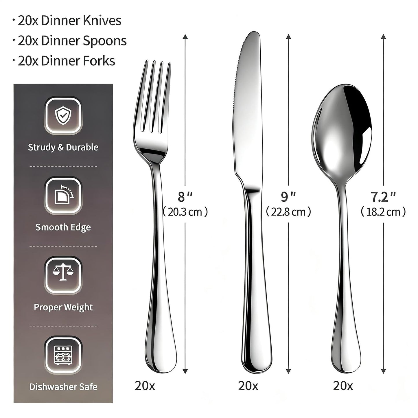 60 Piece Bulk Silverware Set for 20, Stainless Steel Heavy Forks Spoons and Knives Set, Mirror Finish Flatware Dishwasher Safe for Family Picnics Daily Gatherings