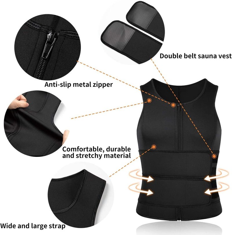 MISS MOLY Sauna Waist Trainer Vest for Men Sweat Vest with Double Cincher Belt Workout Neoprene Body Shaper Tank Top,Black M