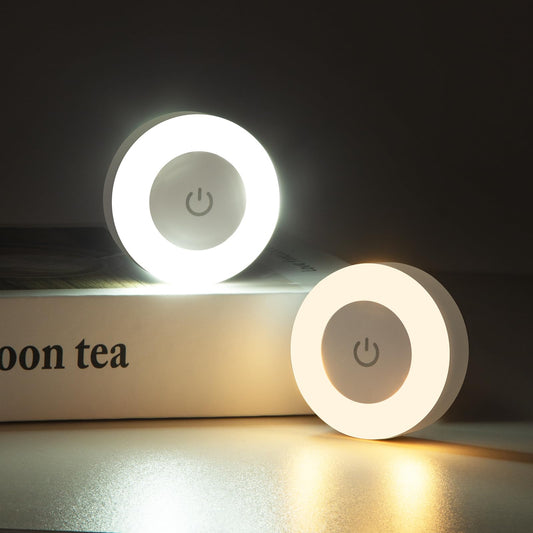 Touch Night Light Bright LED Push Lamp, 3 Colors Dimmable Rechargeable Puck Tap Nightlight Battery Operated, Wireless Stick on Lighting for Wall, Closet, Kitchen, Under Cabinet, Counter, 2 Pack