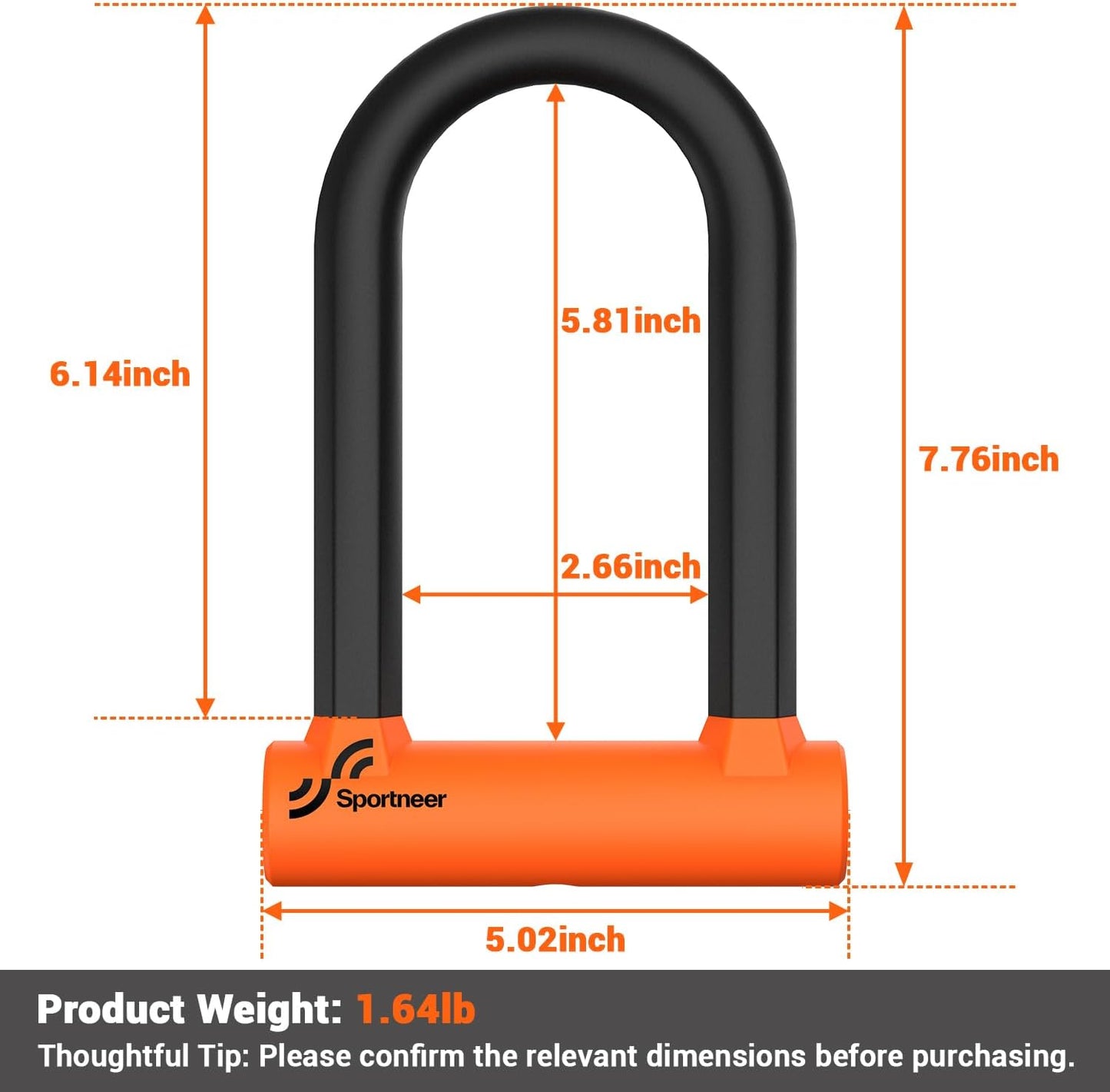 Sportneer Bike U Lock - Heavy-Duty Anti-Theft Lock with 5ft Steel Cable & 17mm Shackle - Orange