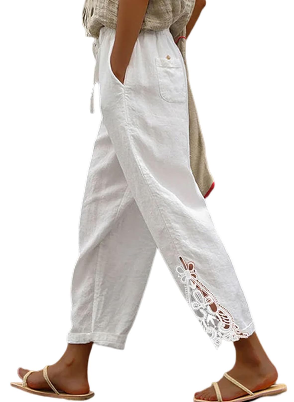 Acelitt Women's Casual Linen Pants Lightweight Drawstring Elastic Waist Spring Trendy Fashion 2026 Cropped Pants Trousers White XL