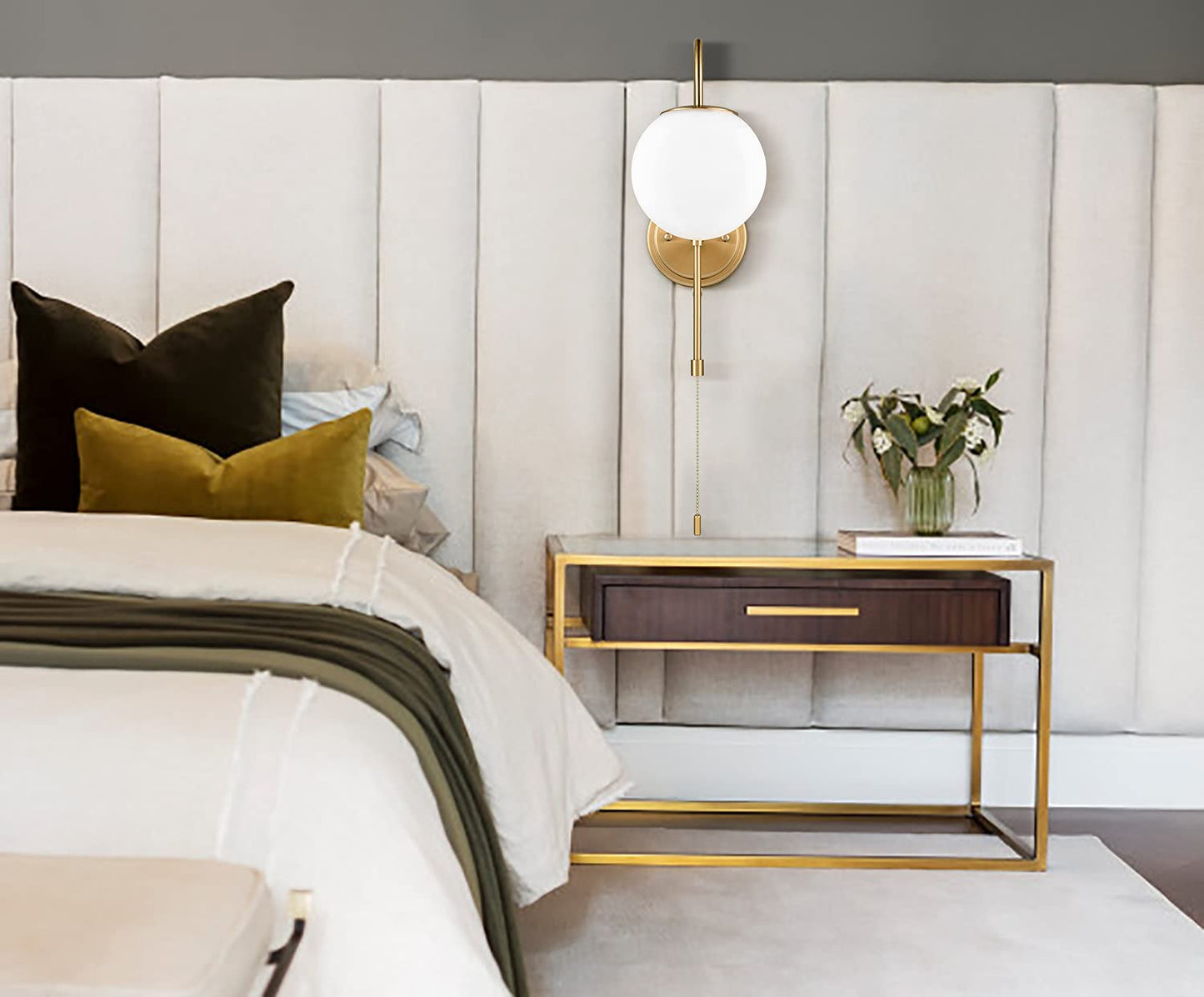 DEYNITE Modern Wall Light Fixtures Gold Wall Sconce with Pull Chain for Bedroom Bathroom