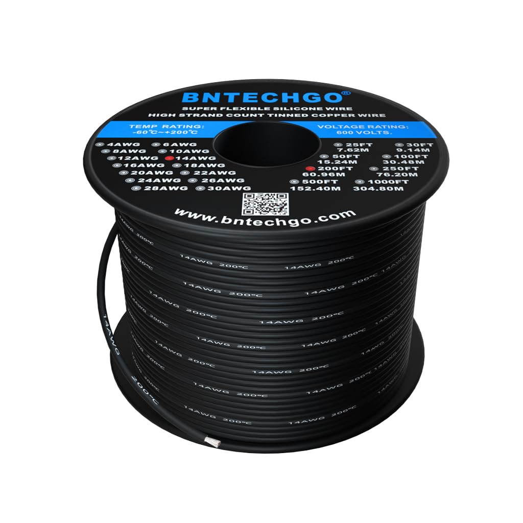 BNTECHGO 14 Gauge Silicone Wire Spool 200 ft Black Flexible 14 AWG Stranded Tinned Copper Wire