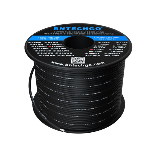 BNTECHGO 14 Gauge Silicone Wire Spool 200 ft Black Flexible 14 AWG Stranded Tinned Copper Wire