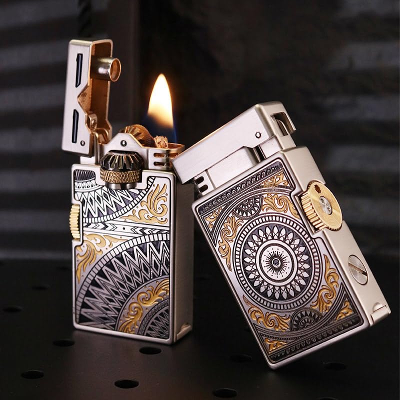 Vintage Metal Lighter, Hand Engraved Sliding Gear Lgnition Soft Flame Lighter for Men Dad Husband Collect (Fuel Not Included) (Silver)