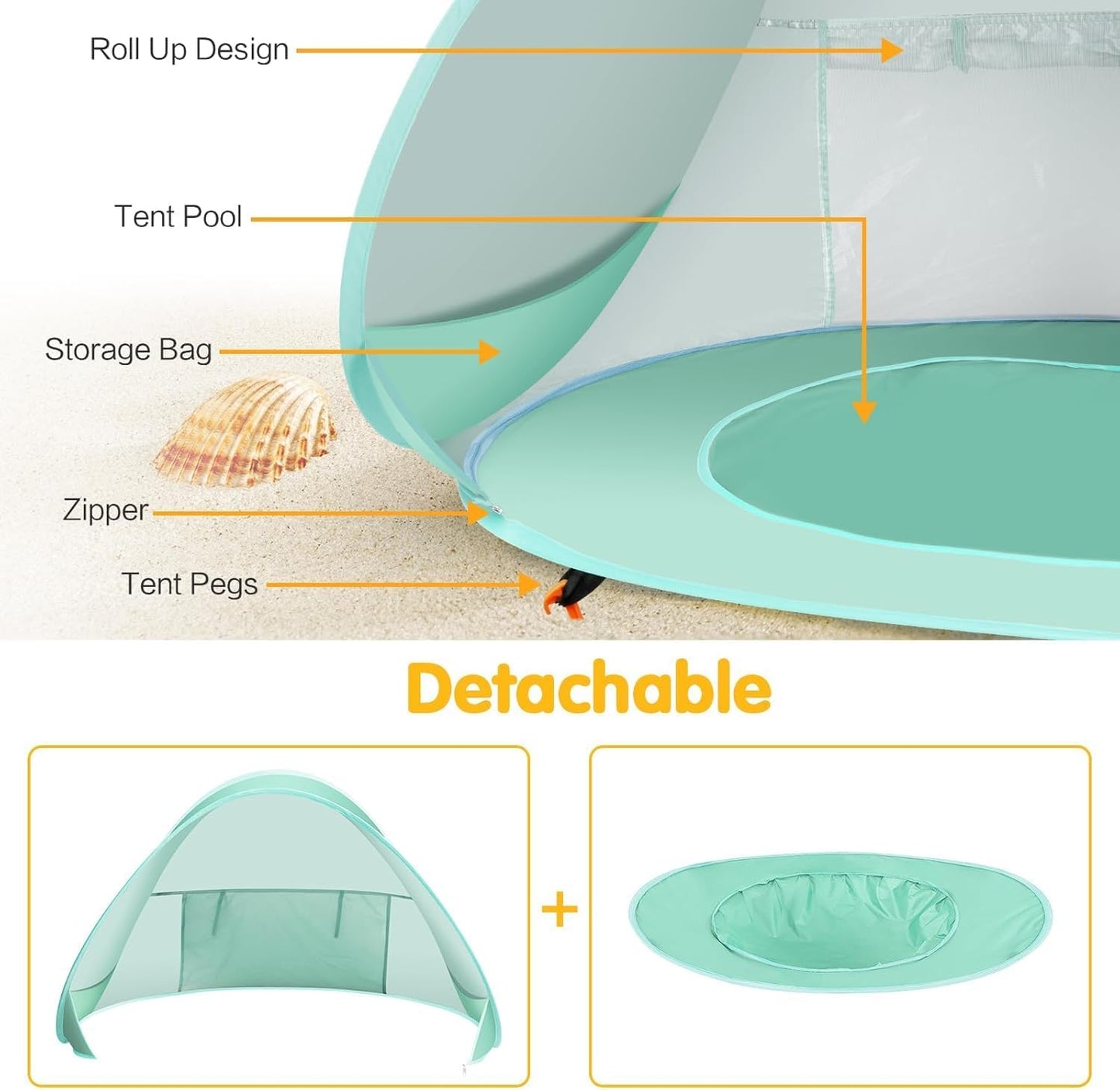 Kapeazo Baby Beach Tent with Pool, Portable UV Protection Sun Shelter for Infant, Pop Up Instant Beach Tent for Baby